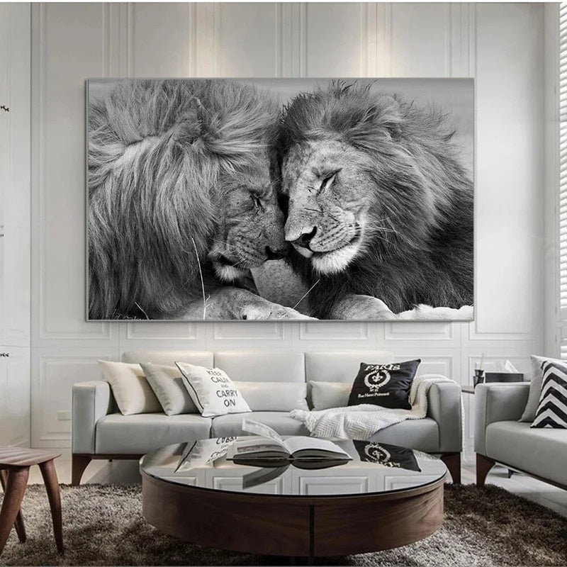 Tableau animal couple de lions en noir et blanc - TenStickers