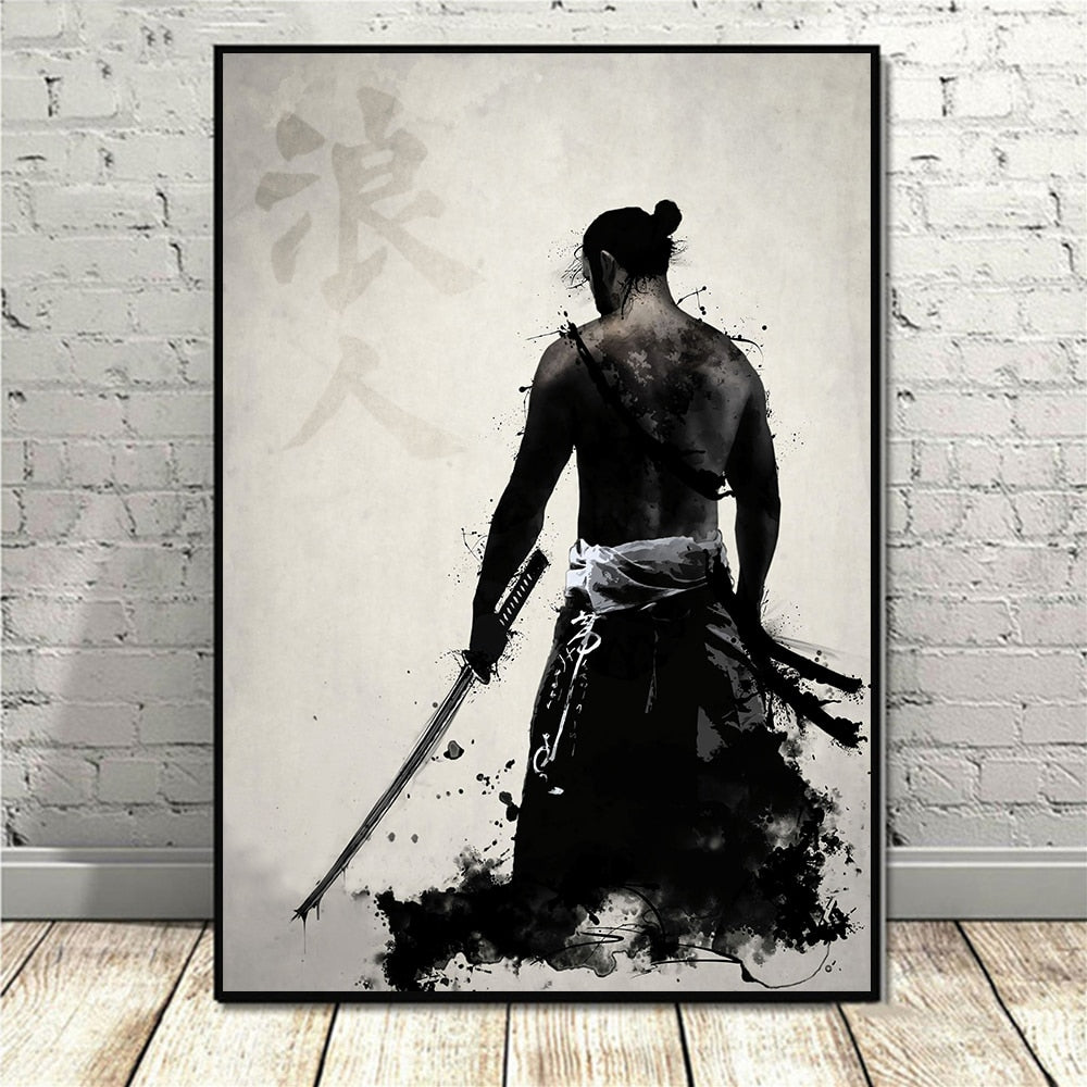 Poster Mural XXL Samouraï - Tapisserie En Tissu Noir Et Blanc - Décoration Murale