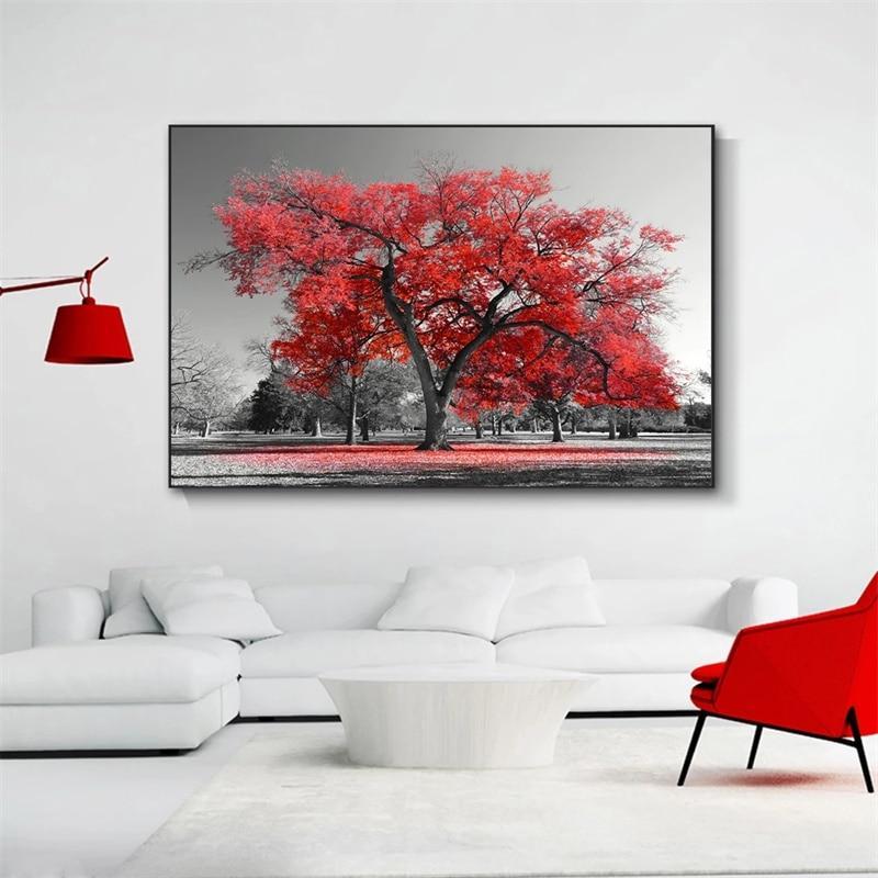 ▷ Tableau avec un arbre au feuillage rouge