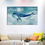 Lovely Blue Whale Canvas Painting Modern Cartoon Seascape 