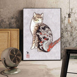 Japanese floating Samurai Cat Canvas Painting retro style 