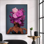 tableau femme cheveux fleurs bleue