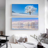 tableau arbre blanc et montagne de neige