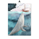 Whale Narwhal Girl Boy Ocean World Nursery Wall Art Canvas 
