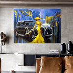 tableau voiture et femme jaune