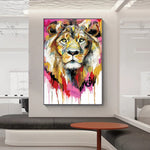 tableau abstrait grand lion fond rose