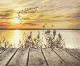 tableau lac coucher de soleil et oiseaux
