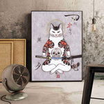 Japanese floating Samurai Cat Canvas Painting retro style 