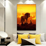 tableau moderne deux lions ciel orangé