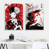 Japanese Geisha And Yin-Yang Fish Oil Canvas Painting Cat 