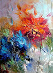 tableau peinture fleurs bleues et oranges