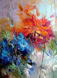 tableau peinture fleurs bleues et oranges