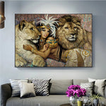 tableau lionne et femme en Egypte