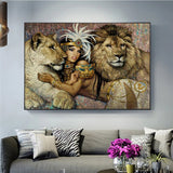 tableau lionne et femme en Egypte