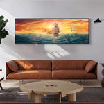 tableau peinture bateaux et coucher de soleil