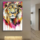 tableau abstrait grand lion fond rose