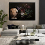 tableau lion et feuilles sombre