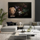 tableau lion et feuilles sombre