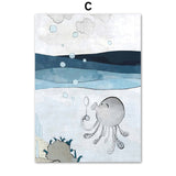 Childlike Whale Turtle Canvas Painting Blue Ocean Octopus 
