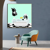 tableau chien saut dans la baignoire