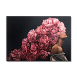 tableau femme tête fleur rose