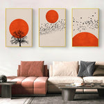 tableau dessin lune orange et arbre