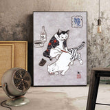 Japanese floating Samurai Cat Canvas Painting retro style 