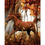 Tableau peinture cheval foret automne