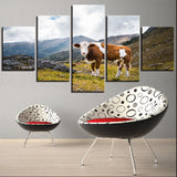 Tableau montagne vache marron et blanche