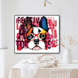 tableau chien lunette et écriture rose