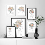 tableau fleurs et femme trait dessin