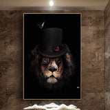 tableau lion avec chapeau sur fond noir