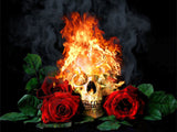 tableau tête de mort en feu et rose