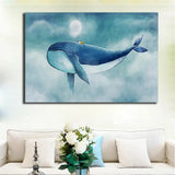 Lovely Blue Whale Canvas Painting Modern Cartoon Seascape 