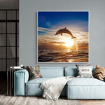 Dolphin Jumping Out of Water Art Canvas Painting Sunset 