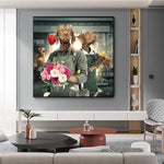 tableau vintage chien et bouquet de fleur