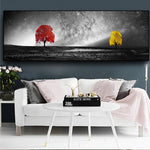 tableau noir et blanc arbre jaune et arbre rouge