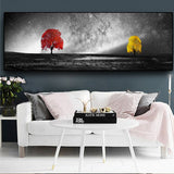 tableau noir et blanc arbre jaune et arbre rouge