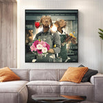 tableau vintage chien et bouquet de fleur