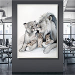 tableau photo de famille de lion sur fond blanc