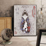 Japanese floating Samurai Cat Canvas Painting retro style 