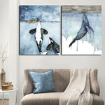 Nordic Watercolor Whale Seascape Canvas Painting Wall Art 