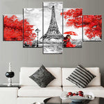 tableau noir et blanc arbre rouge et tour Eifel