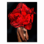 cadre femme cheveux fleurs rouges