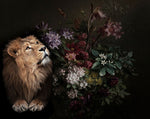 tableau lion et feuilles sombre