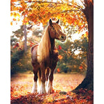Tableau peinture cheval arbre automne