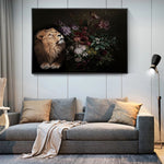 tableau lion et feuilles sombre