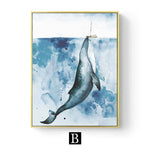 Watercolor Whale Animal Poster Abstract Blue Ocean Landscape