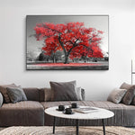 tableau photo noir et blanc arbre rouge
