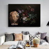 tableau lion et feuilles sombre